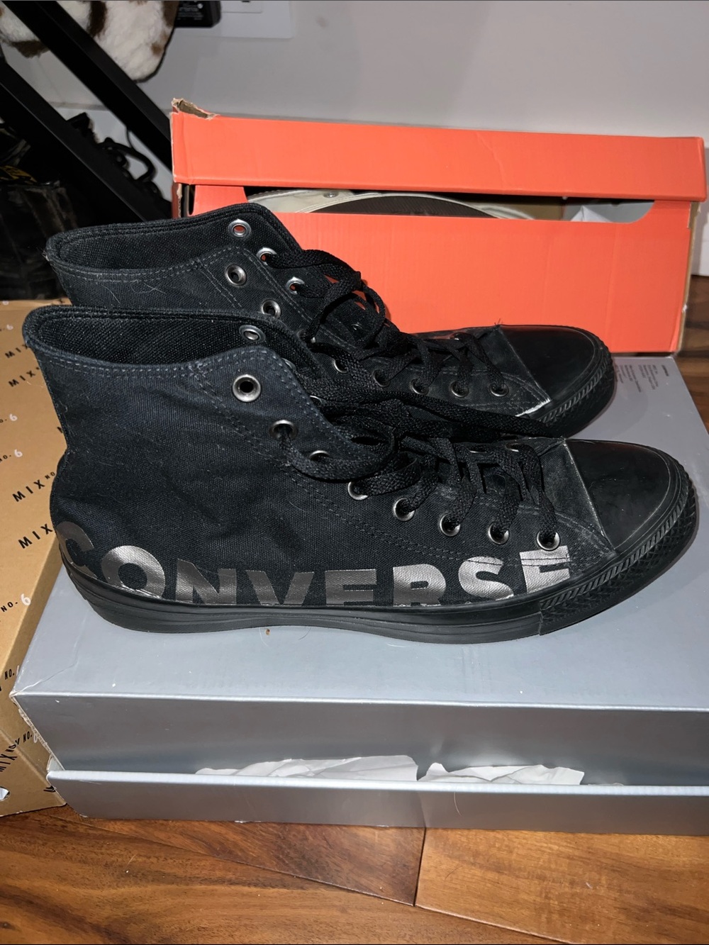 Converse Black High Top Sneakers with Silver Logo - Picture 1 of 2